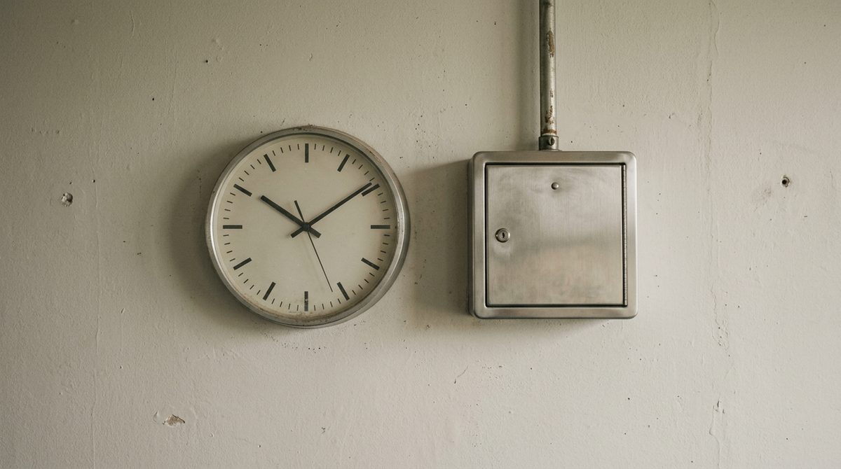 A plain analogue wall clock with unnumbered marks on a bare pale wall beside a small unmarked steel box