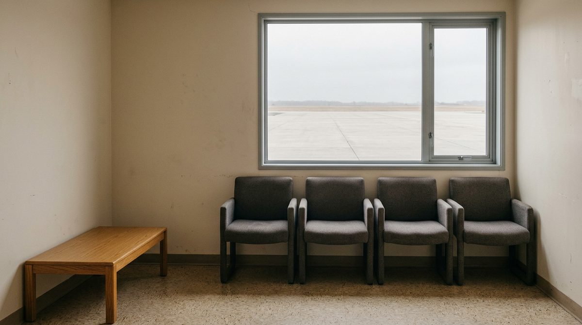 A small plain waiting room with four chairs against a pale wall and a wide window showing an empty concrete apron under gray sky