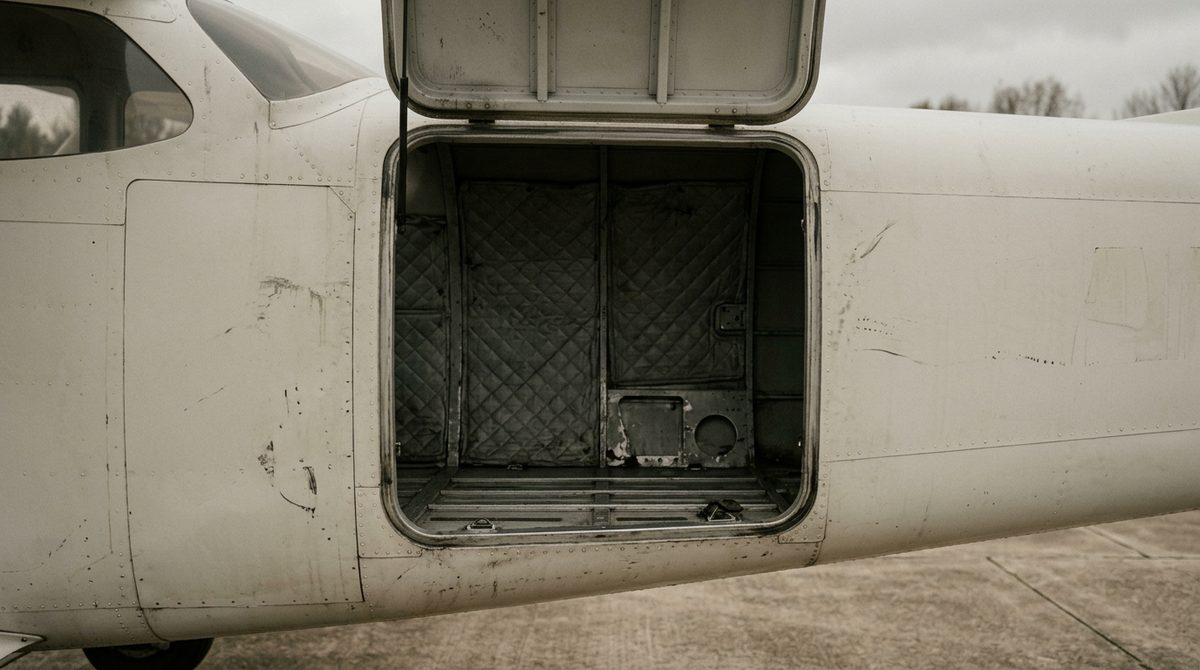 The open and entirely empty luggage hold of a small aircraft seen from outside, a low rectangular door in a plain pale fuselage side with gray quilted lining