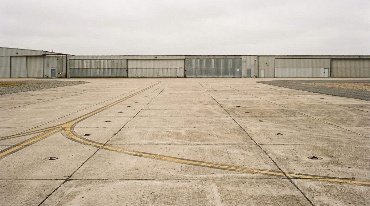 An empty concrete aircraft ramp under a pale overcast sky, marked with painted lead in lines and flush tie down rings, with a plain hangar row along the far edge
